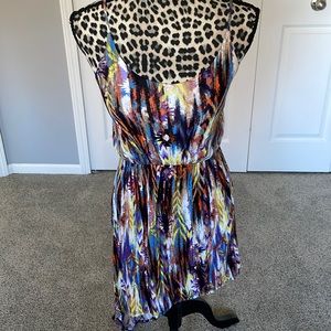 Thin strap multi color cotton dress. Elastic waist short in front long in back